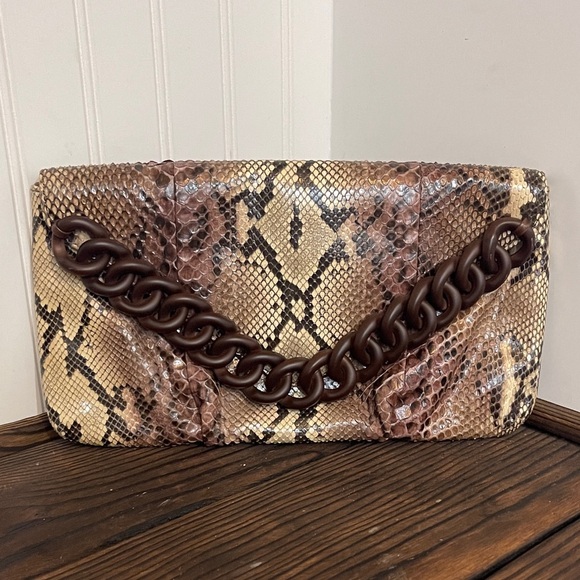 Michael Kors Snakeskin Pattern Envelope Clutch with Chunky Chain Detail - Picture 1 of 7